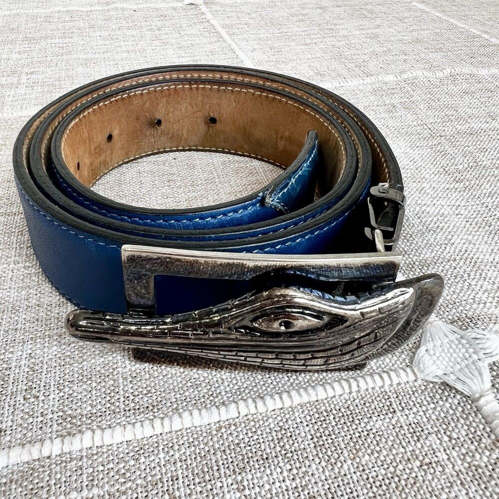 Mauri Blue Leather Belt with Silver Ornate Crocodile Buckle